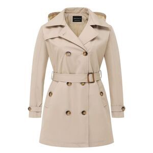 NEW Trench Coat Double-Breasted Classic Lapel Detachable Hood 2X